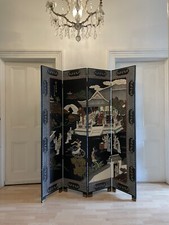 Large  Chinese  4 Panel Screen Room Divider Black Lacquered Painted.