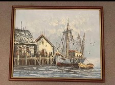 ORIGINAL OIL ON CANVAS FLORENCE WILKINS FURST PAINTING FISHING BOATS FRAMED 