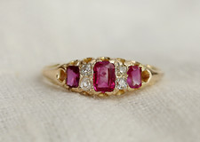 Victorian 18ct Yellow Gold Ruby Old Cut Diamond 7 Stone Boat Ring Size Q