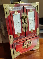 Vintage 1960s Chinese Rosewood Jewelry Box with Jade/Brass details & Lock/key