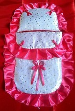 DOLLS PRAM SET SEQUIN SATIN & CONTRAST SILVER CROSS RANGER PIONEER/SMALL PRAMS