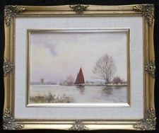 Original Arthur A Pank Oil Painting - Norfolk Broads, Yacht, Broadland, Windmill
