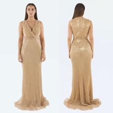 Gold Sequin Crepe V-neck Maxi Dress Mermaid Hem Evening Gown Prom Bridesmaid