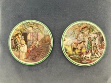 Liverpool Road Pottery Pair Plates 11.5 cm Diameter Green Rim Country Scenes