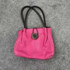 Faux leather shoulder bag big button contrast stitch hot pink brown