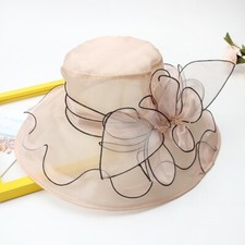 Elegant Women's Organza Flower Wide Black Brim Hat Summer Beach Wedding Sun Hat