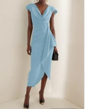 Light Blue Ruched Asymmetric Classic Cowl Neck Cap Sleeve Sheath Midi Dress