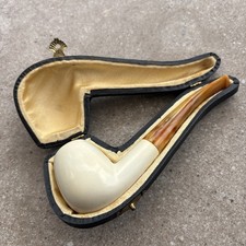 Genuine Large Meerschaum Tobacco Pipe in protective case with Amber stem