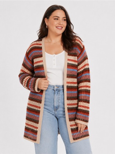 Striped open knit cardigan - open,