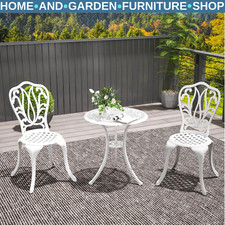 3-Piece Cast Aluminium Garden Bistro Set Furniture with Umbrella Hole White