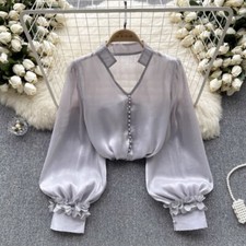 Women Shiny Satin Blouse Shirt Top V-neck Puff Sleeve Sheer Summer Ruffle Blouse