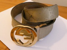 Gucci GG Monogram Canvas Leather Belt Interlocking G Gold Buckle Size 38" Italy