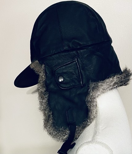 Crown cap black leather rabbit - cap,
