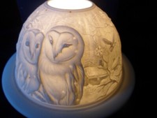 NORDIC LIGHTS CANDLE SHADE AND LIGHT BASE WINTER SCENE AND BARN OWLS