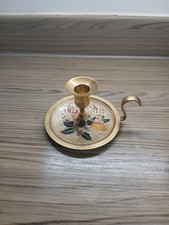 Vintage Brass And Enamel Wee Willie Winkie Candle Stick Holder Christmas Holly