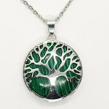 Malachite Necklace Pendant Tree of Life Crystal Healing Stone Yoga Silver Chain 
