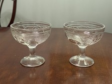Vintage Clear Pressed Glass Raised Fruit Pattern Stemed Dessert Dishes x 2