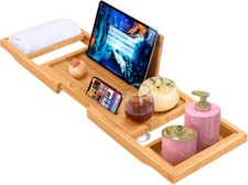 Bamboo Extendable Bath Tub Caddy Tray Bathtub Storage Shelf Wine Tablet Holder