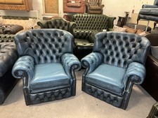 Pair Of Chesterfield Blue Real Leather Wingback Chairs