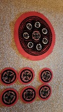 Hungarian Folk Art Floral Red on Black Felt Coasters and Doily authentic