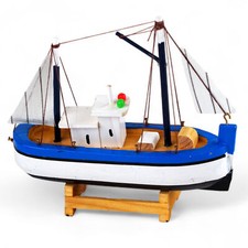 Nautical White Blue Wooden Sail Boat 16cm Ornament