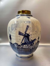 Vintage Delft Blue Vase – Hand Painted Holland Pottery Windmill Scene RARE ITEM