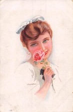 POSTCARD  GLAMOUR  GIRL HOLDING A RED ROSE  c 1920