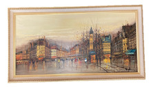 Painting Paris signed large street scene 1960's  in the early evening after rain