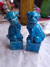 Foo Dogs Chinese Pair Blue Turquoise Glazed 12cm Vintage Stamped VGC!