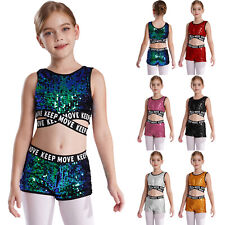 Kids Girls Sequin Dance Top and Bottoms Set Jazz Hip-Hop Street Dancing Costume