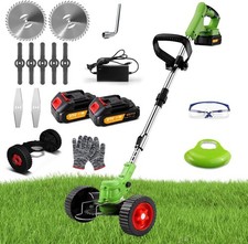 Cordless Grass Strimmer 21V Electric Metal Blades 2 x Batteries Removable Wheels