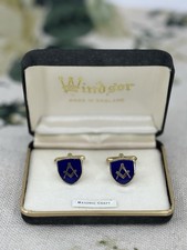 VINTAGE c.1980s WINDSOR blue enamel gold plated MASONIC cufflinks in box