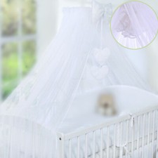 New Large White Baby Cot Mosquito Net / Drape / Canopy + Bow & Hearts + HOLDER