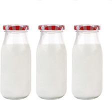 Danmu Art 3Pcs 250Ml Glass Milk Bottles with Pretty Gingham Lids, Small Glass Ja