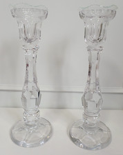 Pair of Heavy Vintage Crystal Glass Candlesticks 25cm + wax drip catchers 