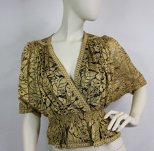 Vintage Janice Wainwright Gold Cut out Lace Floral Batwing Top- Woman's UK 12