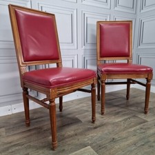Pair French Louis Chairs - Vintage Carved - Red Faux Leather - Wooden Antique   