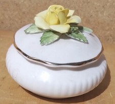 Vintage Old Retro yellow rose China Lidded Pot ldressing table storage bone gold