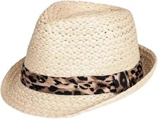 Womens Straw Trilby Summer Sun  Hat Leopard Print Band Beach Holiday 
