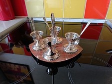 Silver Egg cup set -  EPNS Silver Plated Four Egg Cup & Spoons on a tray