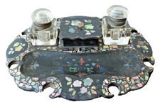 Antique 19th C Black Lacquered Papier Mache Desk Stand & Inkwells with MOP Inlay