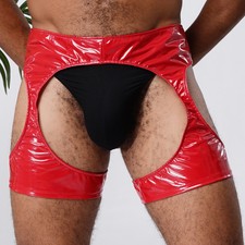 UK Men PVC Leather Boxer Shorts Open Crotch Cutout Hot Pants Club Party Lingerie