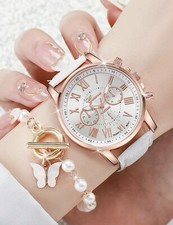 Ladies Women Bracelet Watches Wrist Quartz Watch  Analogue Bling+Pearl Bracelet