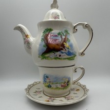 Damaged Disney Parks Alice in Wonderland Teapot Tea Cup & Saucer Porcelain Retro