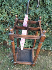 Antique oak 4 sectional umbrella stick stand with metal drip tray