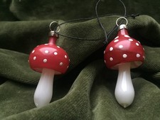 2 Vintage Glass Christmas Tree Toadstool Decorations, Fly Agaric Amantia