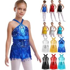 UK Kids Girls Jazz Latin Dance Costume Sequin Tassel Hem Leotard Dress Dancewear