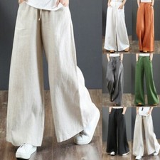 Womens Loose Cotton Linen Wide Leg Pants Ladies Summer Holiday Pockets Trousers