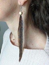 Long Dangle Feather Earrings, Pheasant tail, Fun Summer Style