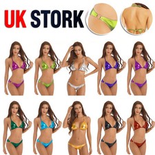 UK Women's Shiny Bikini Swimsuit Set Sexy Metallic 2 Piece Halter Lace-up 